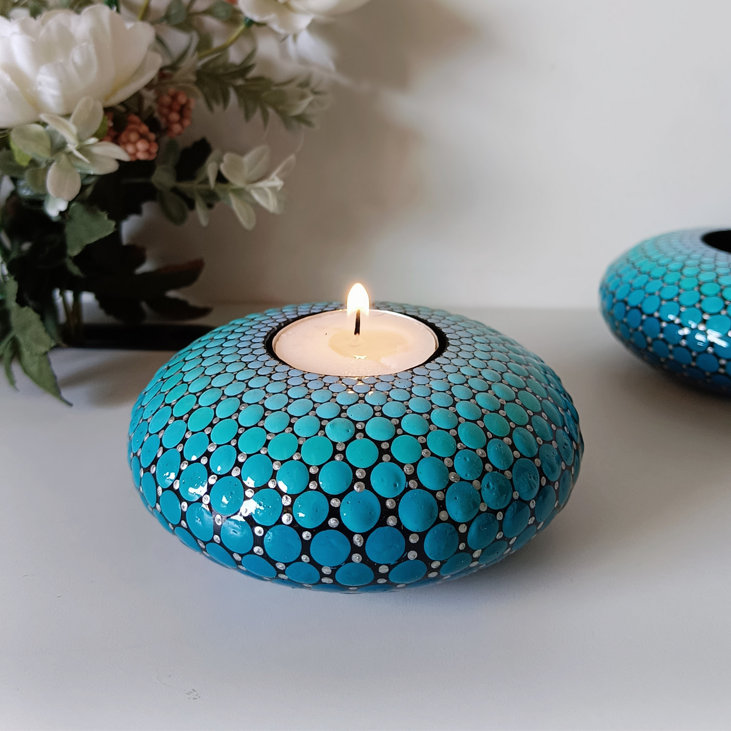 The Homely Habitat™ Handcrafted Concrete Tealight Candle Holder - Shades of Teal