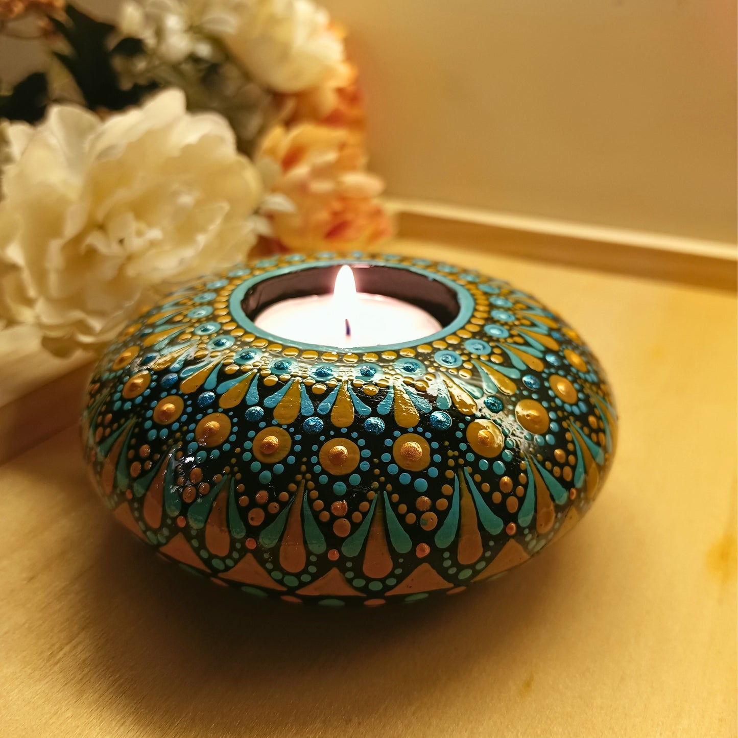 The Homely Habitat™ Handcrafted Concrete Tealight Candle Holder - Blue Yellow