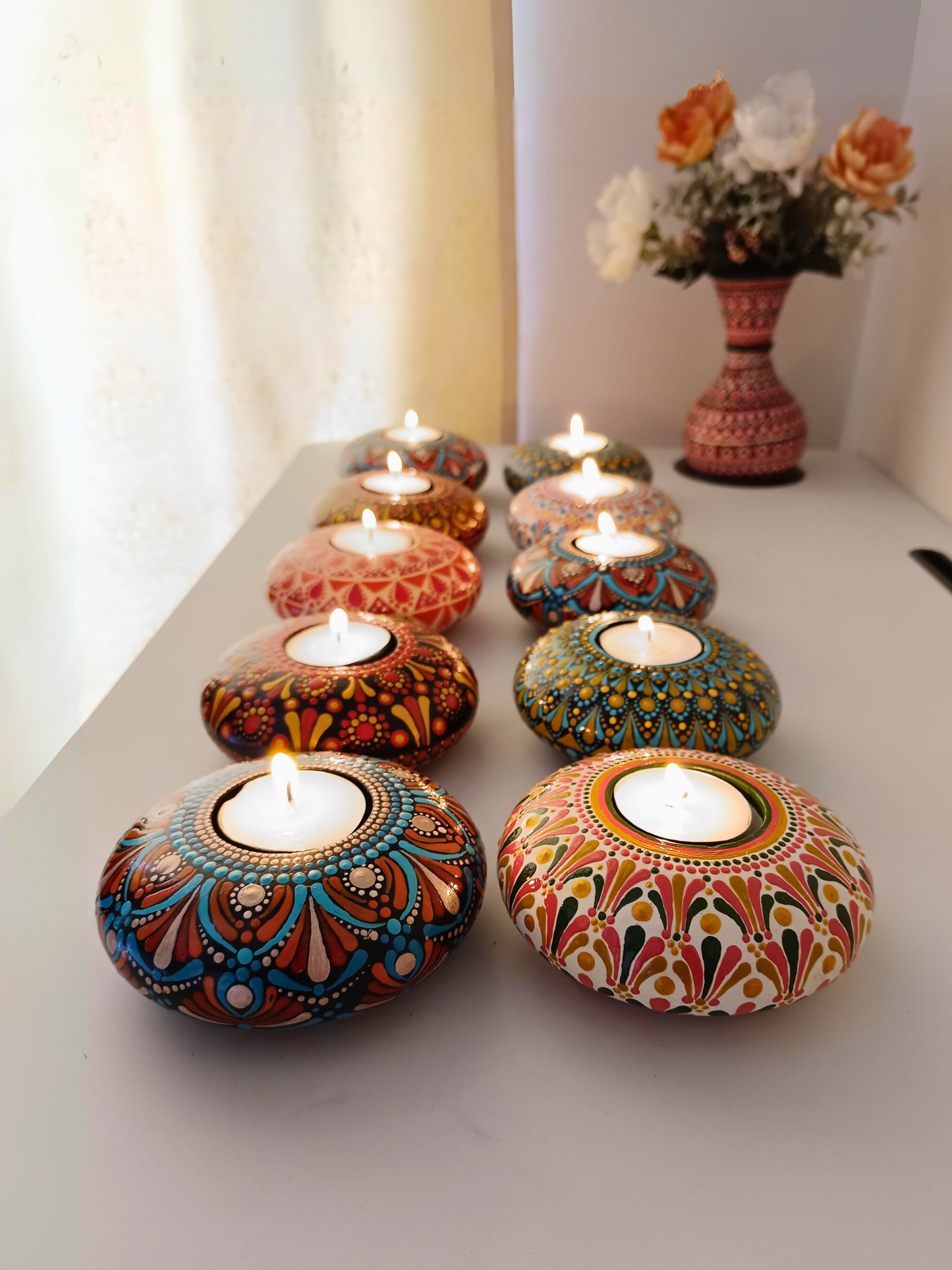 The Homely Habitat™ Handcrafted Concrete Tealight Candle Holder - Blue Yellow