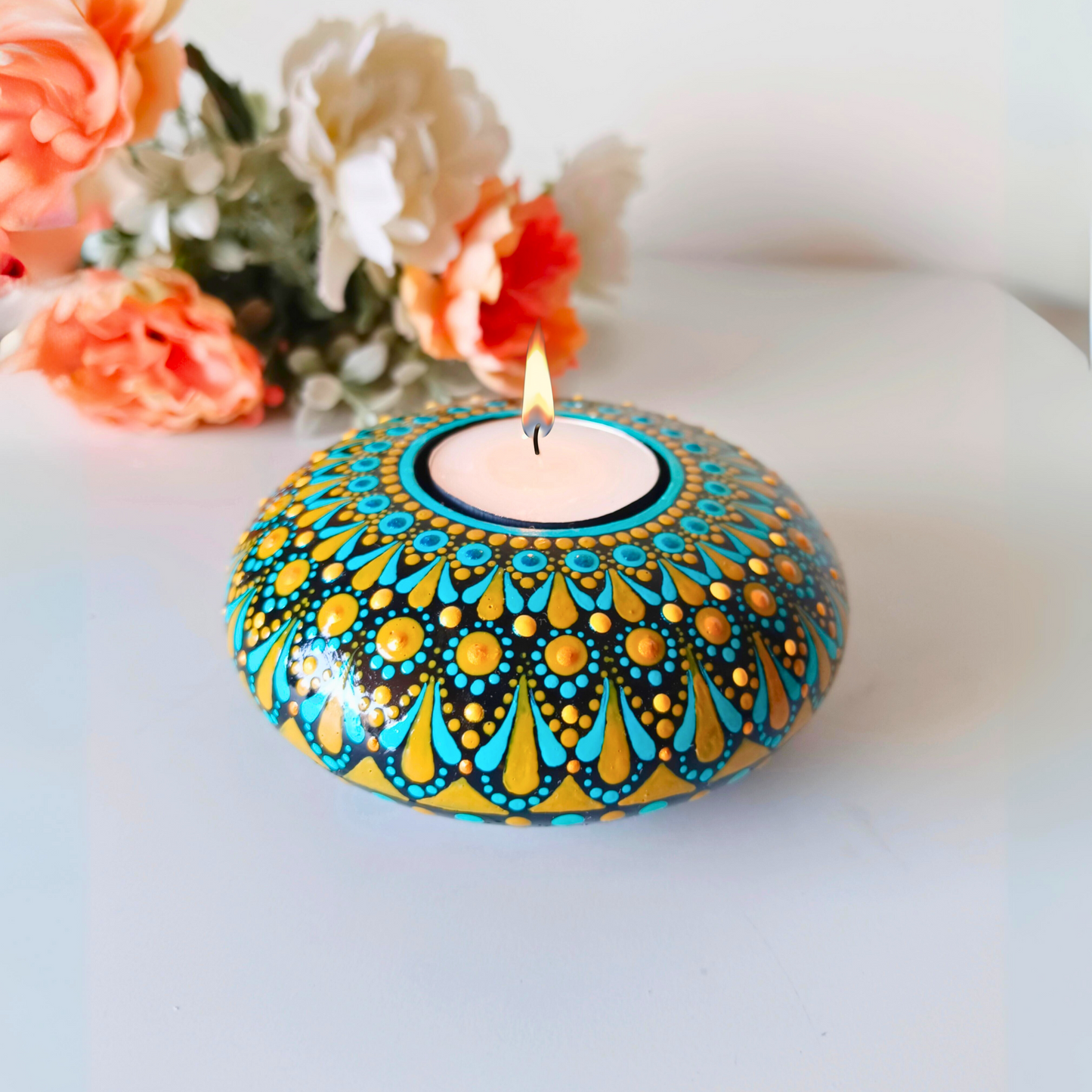 The Homely Habitat™ Handcrafted Concrete Tealight Candle Holder - Blue Yellow