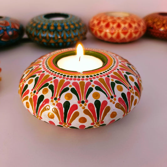 The Homely Habitat™ Handcrafted Concrete Tealight Candle Holder - White Green Pink