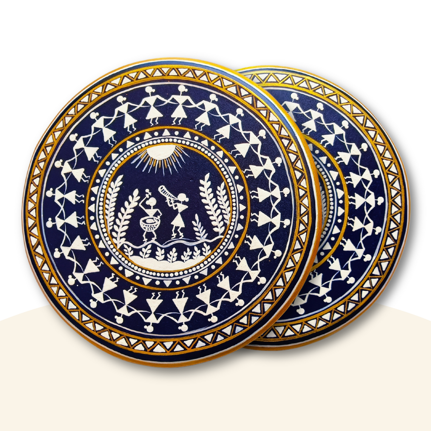 Hand Painted Warli Wooden Wall Decor  - 10 Inches Diameter - White Blue & Gold - Set of 2