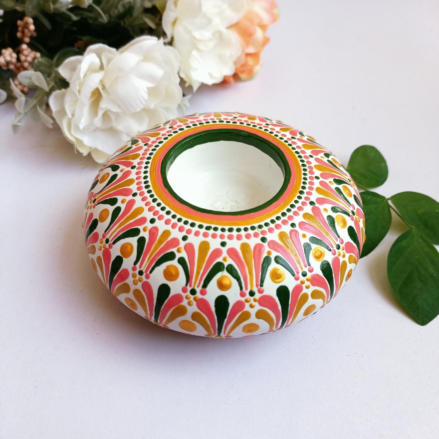 The Homely Habitat™ Handcrafted Concrete Tealight Candle Holder - White Green Pink