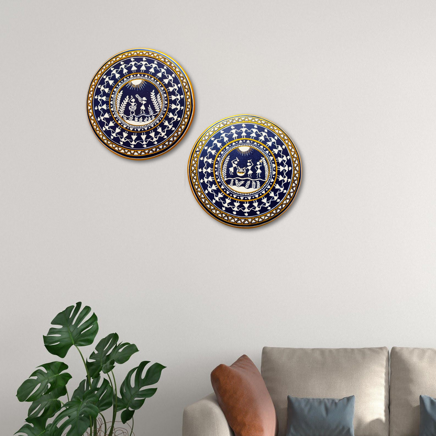 Hand Painted Warli Wooden Wall Decor  - 10 Inches Diameter - White Blue & Gold - Set of 2