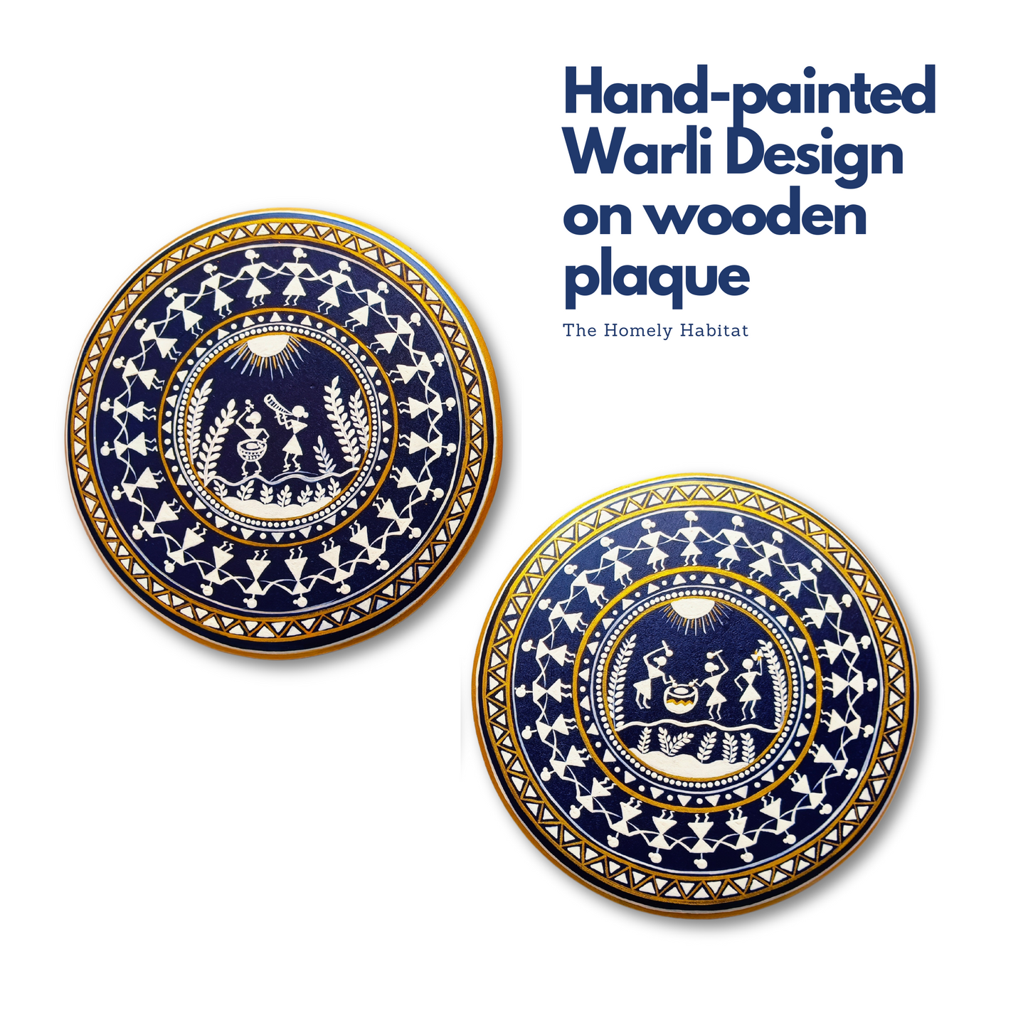 Hand Painted Warli Wooden Wall Decor  - 10 Inches Diameter - White Blue & Gold - Set of 2