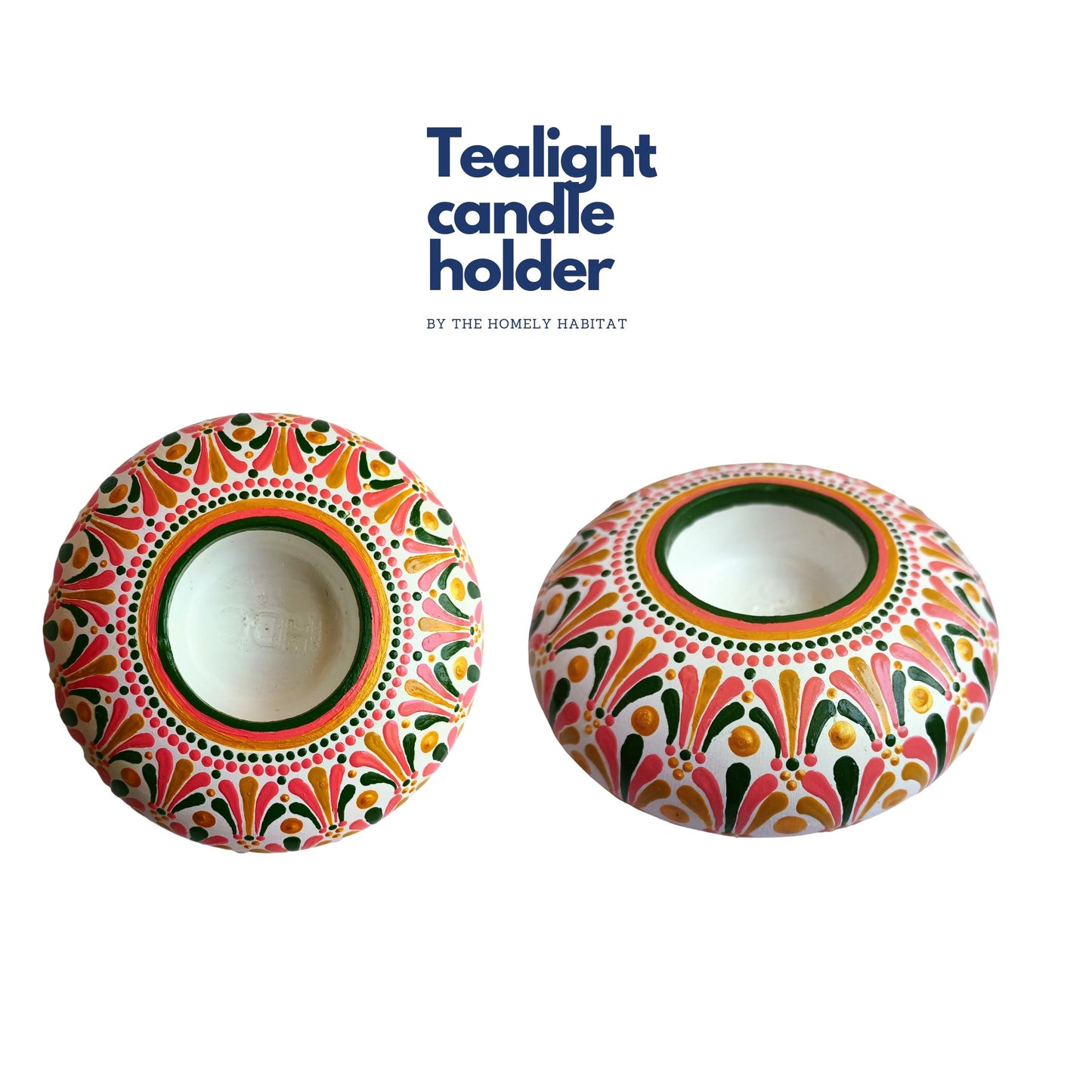 The Homely Habitat™ Handcrafted Concrete Tealight Candle Holder - White Green Pink