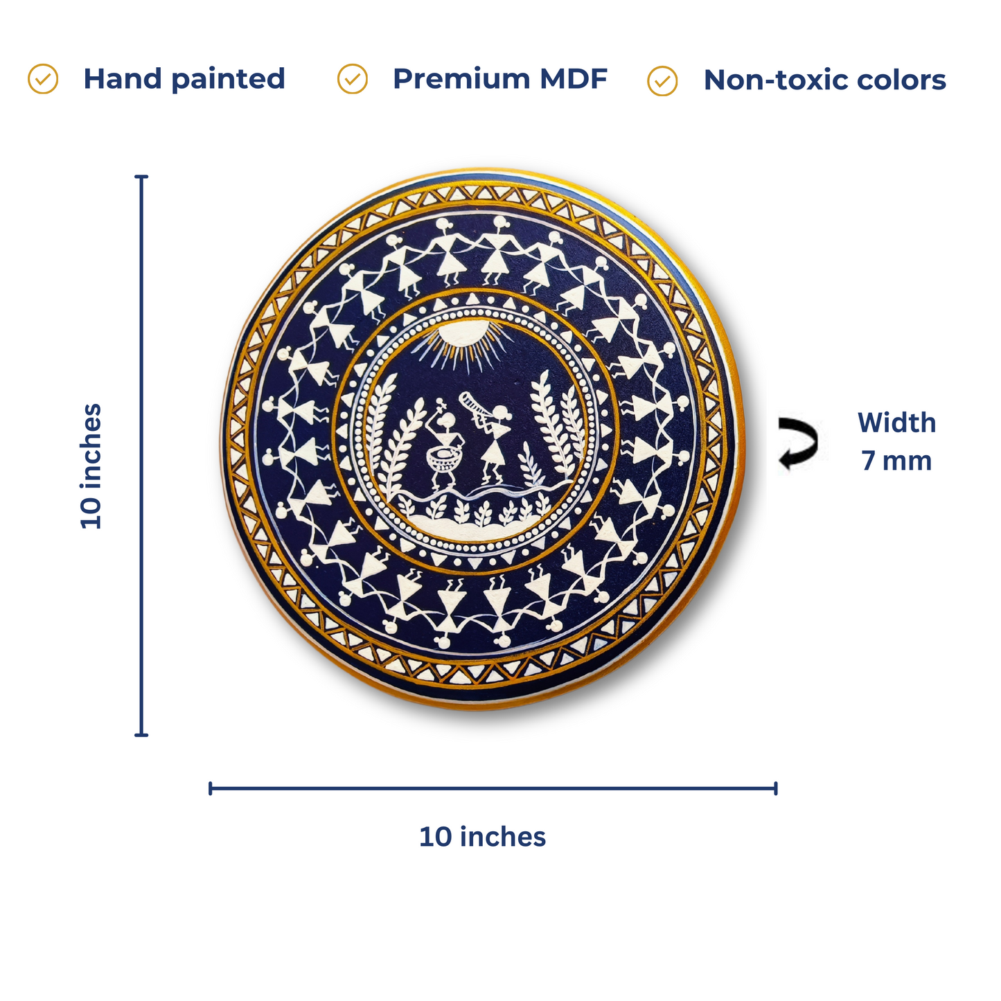 Hand Painted Warli Wooden Wall Decor  - 10 Inches Diameter - White Blue & Gold - Set of 2