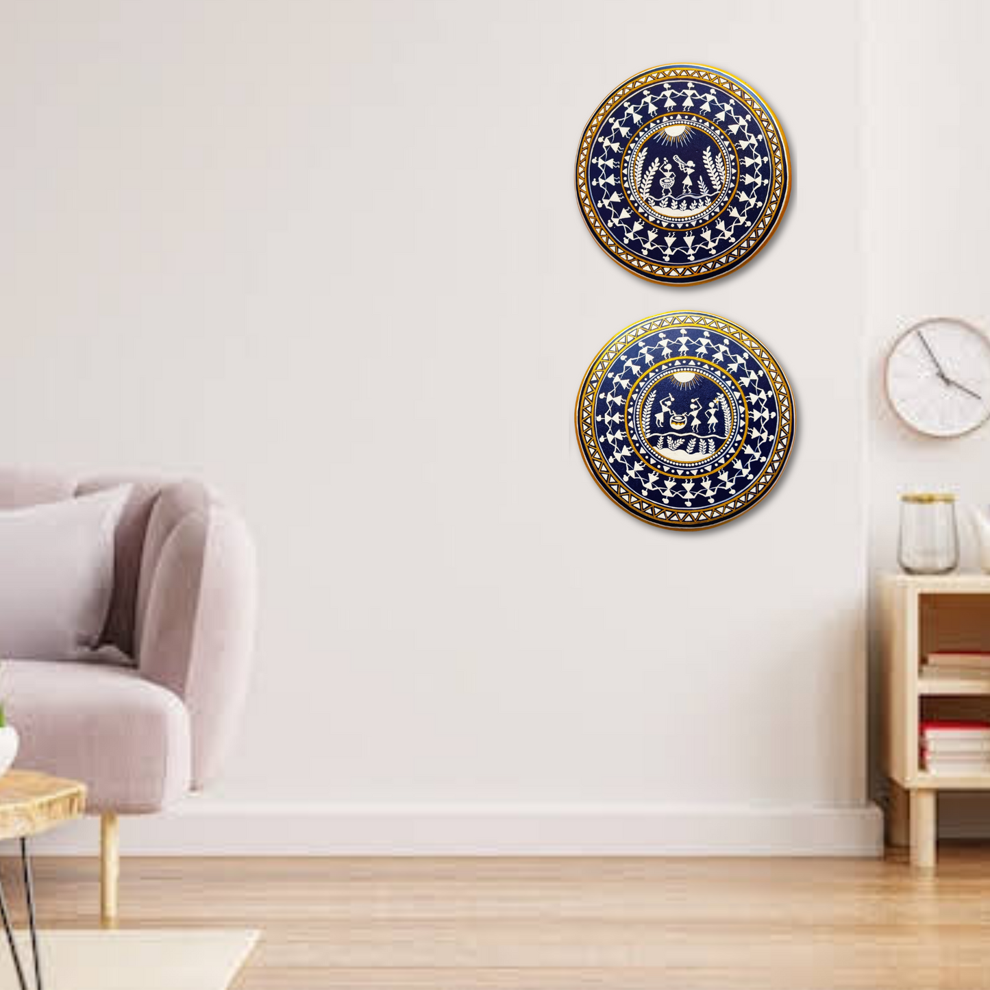 Hand Painted Warli Wooden Wall Decor  - 10 Inches Diameter - White Blue & Gold - Set of 2