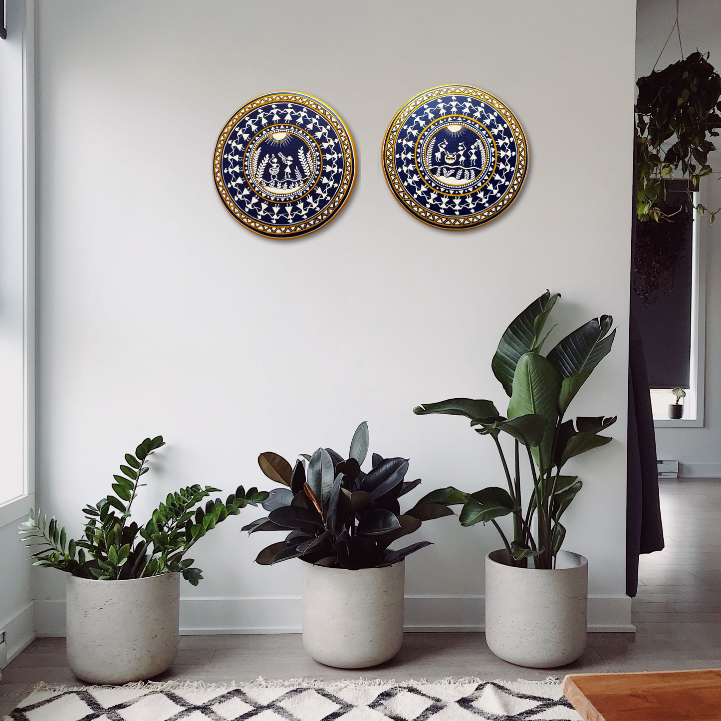 Hand Painted Warli Wooden Wall Decor  - 10 Inches Diameter - White Blue & Gold - Set of 2