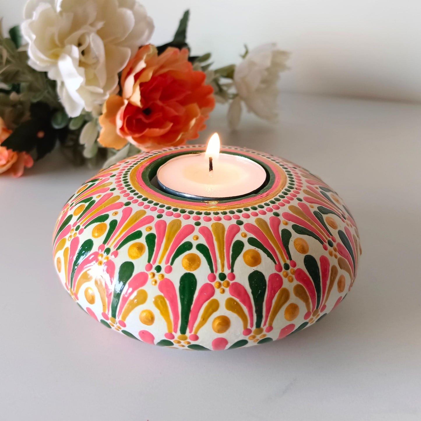 The Homely Habitat™ Handcrafted Concrete Tealight Candle Holder - White Green Pink