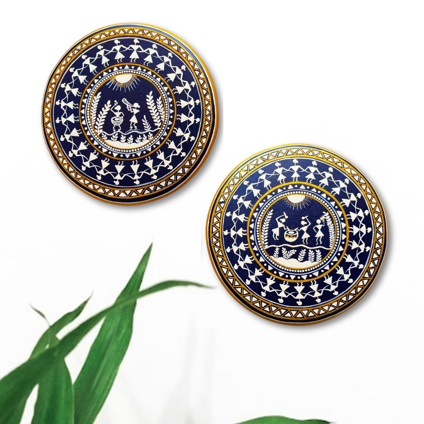 Hand Painted Warli Wooden Wall Decor  - 10 Inches Diameter - White Blue & Gold - Set of 2