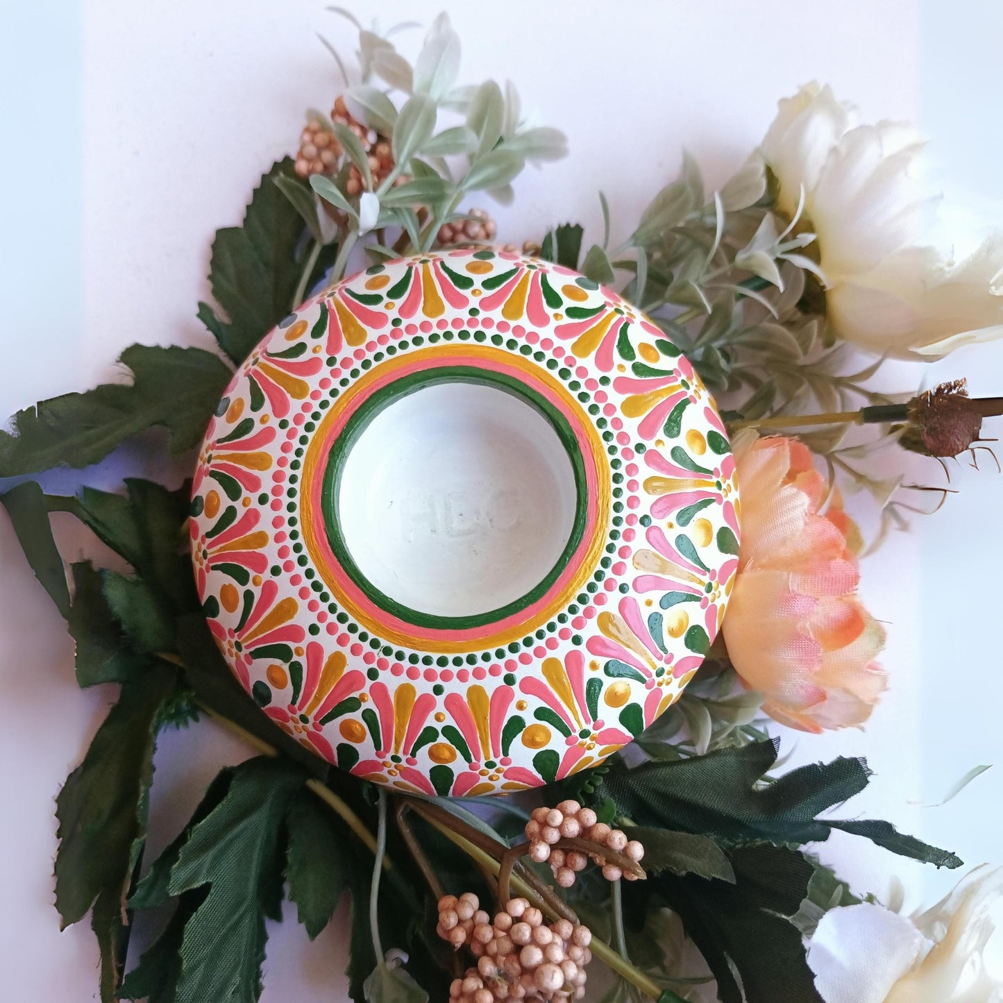 The Homely Habitat™ Handcrafted Concrete Tealight Candle Holder - White Green Pink