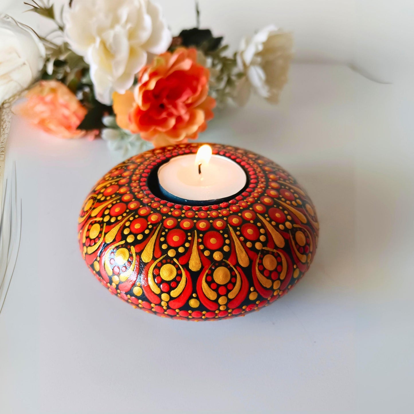 The Homely Habitat™ Handcrafted Concrete Tealight Candle Holder - Red Gold